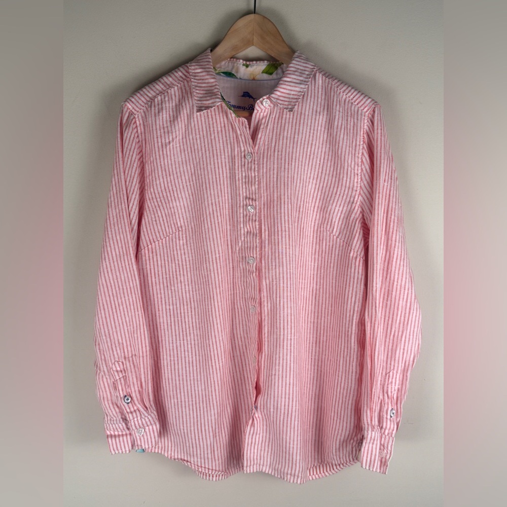 Tommy Bahama Shirt Womens Medium OrangeWhite Striped Linen Long Sleeve Button Up